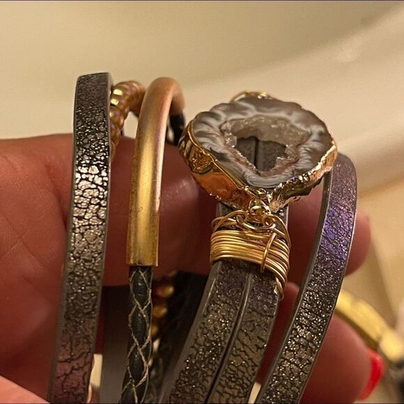 Saachi Optical Stacked Leather Boho Bracelet w/druzy smoky quartz magnetic - Picture 5 of 14